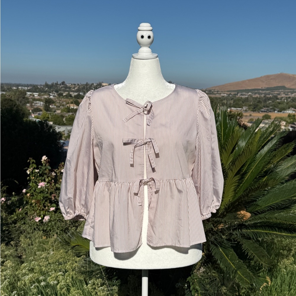 a new day Light Pink Striped Blouse with Bow Details